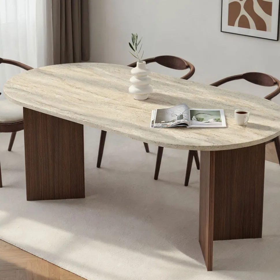 SAM Table à manger 8 personnes ovale en bois et effet travertin