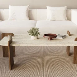 SOLENI Table basse en bois et effet travertin 120x60cm