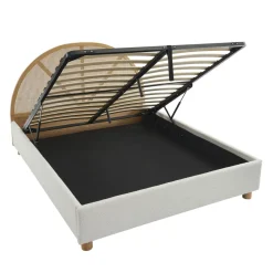 TAJUR Lit coffre en tissu bouclette et cannage 160x200cm