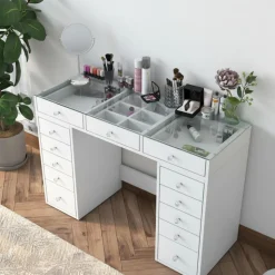 TIYA Coiffeuse 13 tiroirs avec plateau en verre L120cm