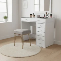 TIYA Coiffeuse 7 tiroirs avec plateau en verre L90cm