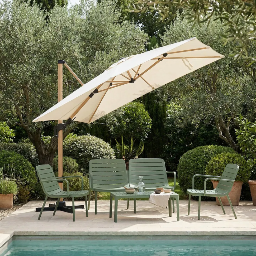 VEYA Parasol rectangulaire déporté en aluminium et effet bois 3x4m
